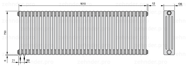 Схема (чертеж) Радиатор Zehnder Charleston 4075/35 №3370 Белый глянцевый RAL 9016